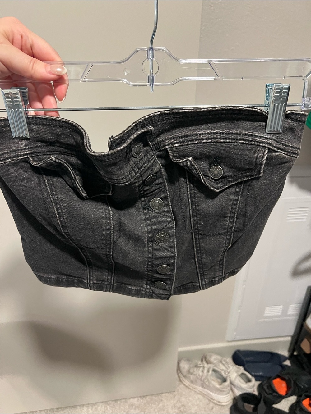 American Eagle Outfitters Black Denim Button-Up Strapless Crop Top
